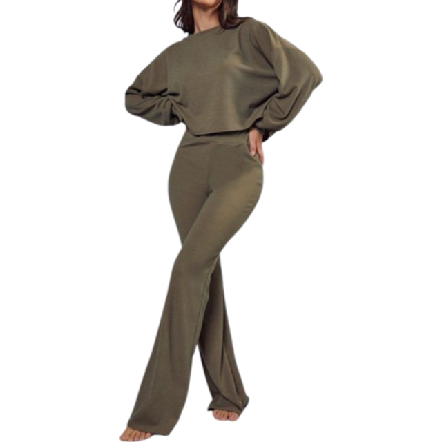 Womens Ribbed Boxy Long Sleeve Top & Wide Leg Lounge Set - Green - 8