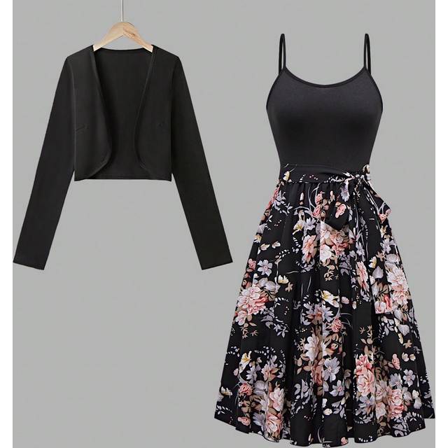 SHEIN 2pcs Women Floral Print Belted Slip Dress & Solid Color Long Sleeve Cardigan Elegant Set