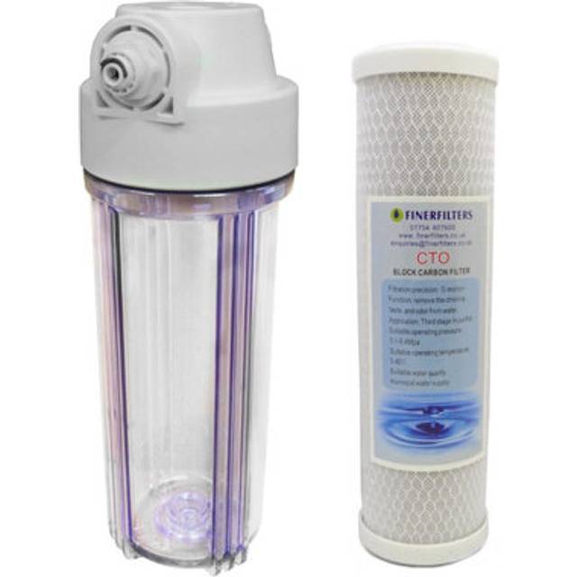 "10"" Standard Clear Water Filter Housing with 1/2"" Female Ports & 5 Micron Carbon Block Filter (Fittings Included for 1/4"" Push Fit Connection)"