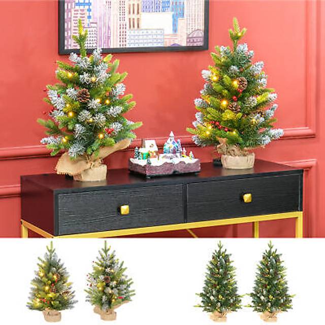 Homcom 2 Pieces 2ft Prelit Artificial Christmas Tree With Led Light And 141 Tips, Concrete Base, Tabletop Xmas Tree With Pine Cones And Red Berries, G