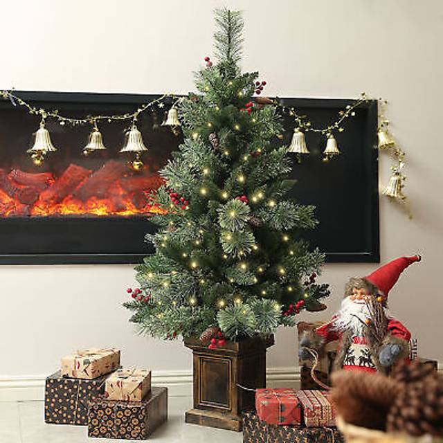 Homcom 1.2m/4ft Artificial Christmas Tree With 100 Warm White Led Lights And 8 Modes, Small Xmas Tree With Red Berries, Pine Cones And Retro Base, Gre