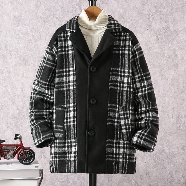 SHEIN Tween Boy Plaid Patchwork Vintage Thickened Mid-Length Overcoat, Autumn & Winter