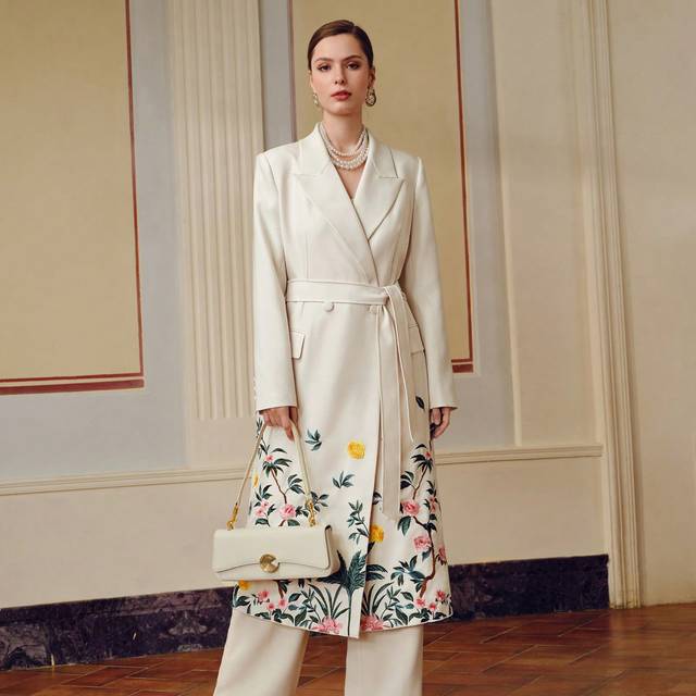 ZEYLAH FLORAL PRINT PEAK COLLAR BELTED TRENCH COAT