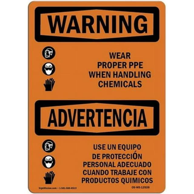 SignMission OS-WS-A-1014-L-12928 10 x 14 in. OSHA Warning Sign - Wear PPE Handling Chemical Bilingual