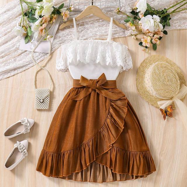 SHEIN Tween Girl 2pcs Set: White Lace Patchwork Camisole Blouse + Khaki Belted Ruffle Hem Mini Skirt Elegant Outfit Summer Holiday