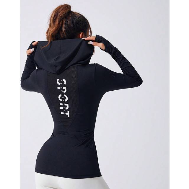 SHEIN Women Hooded Sweatshirt Long Sleeve Sports Yoga Running Workout Tight Fitted Thumbhole Breathable Casual Contrast Mesh V-Neck Hoodie
