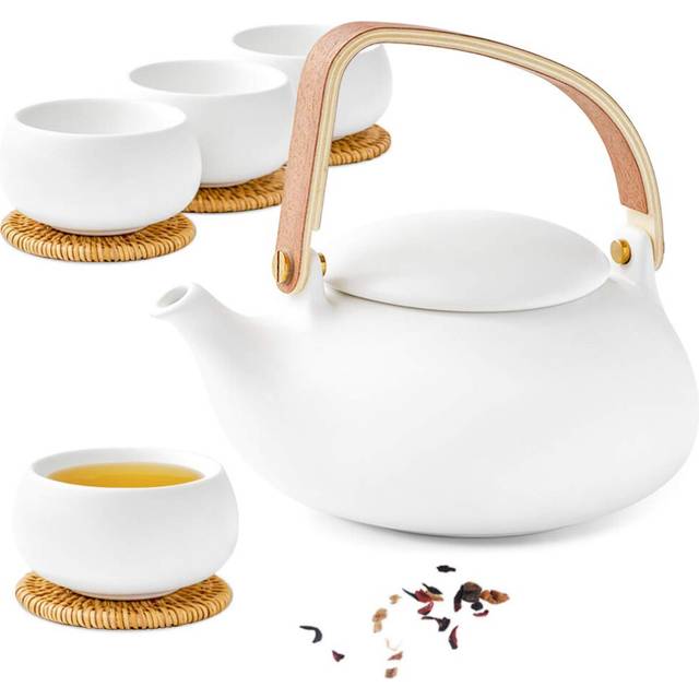 Modern Japanese Tea Set, 800ml Matte Ceramic Japanese Teapot with Infuser for Loose Leaf Tea Steeper, Wood Handle White Tea Pots with 4 Cups for Hot