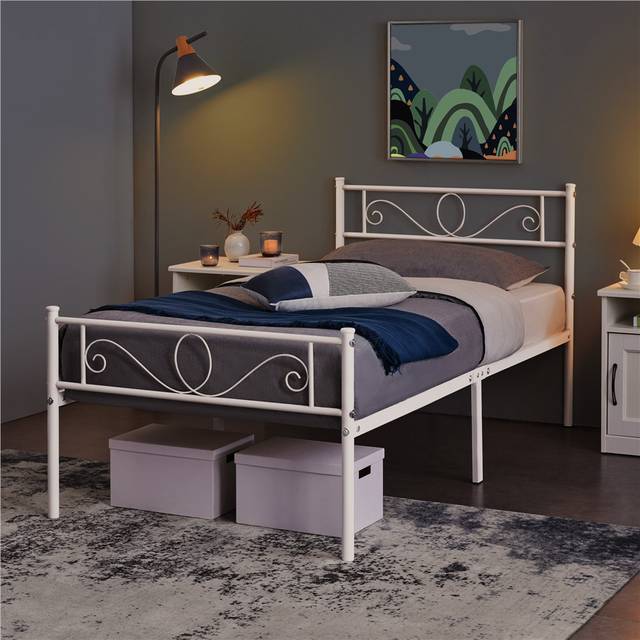 Metal Bed Frame with Headboard/Under-Bed Storage - White (Single (3&#39;))