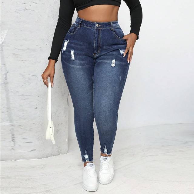 SHEIN Plus Size High Waist Sexy Skinny Stretch Ripped Blue Jeans