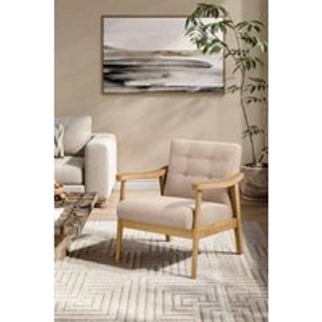 Beige Terry Cloth Casual Upholstered Armchair with Rubberwood Wood Frame - One Size
