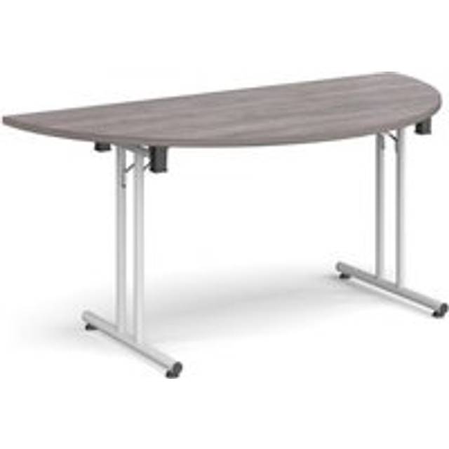 Semi circular folding leg table with white legs and straight foot rails 1600mm x 800mm - grey oak