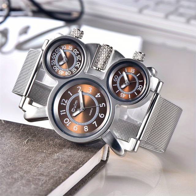 (Silver Brown) Oulm Mesh Steel Men's Watch, 3 Color 3 Time Zone Unique Creative Quartz Watches