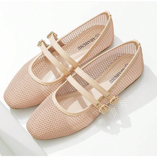 SHEIN New Women Flat Ballet Mesh Shoes, Black And Beige, Round Toe, Solid Color Breathable Casual Flat Shoes, Fashionable And Comfortable