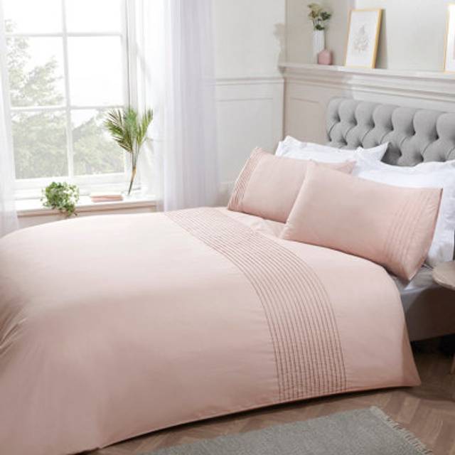 Luxury Pintuck Pleated Striped Panel Duvet Cover With Pillowcases - Light Pink - King