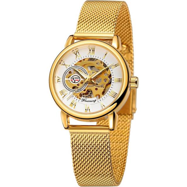 VEANXIN Women's Skeleton Watch Hollow Mechanical Watch Hand-Wind Mesh Strap Luminous Roman Numeral Casual Ladies Wristwatch