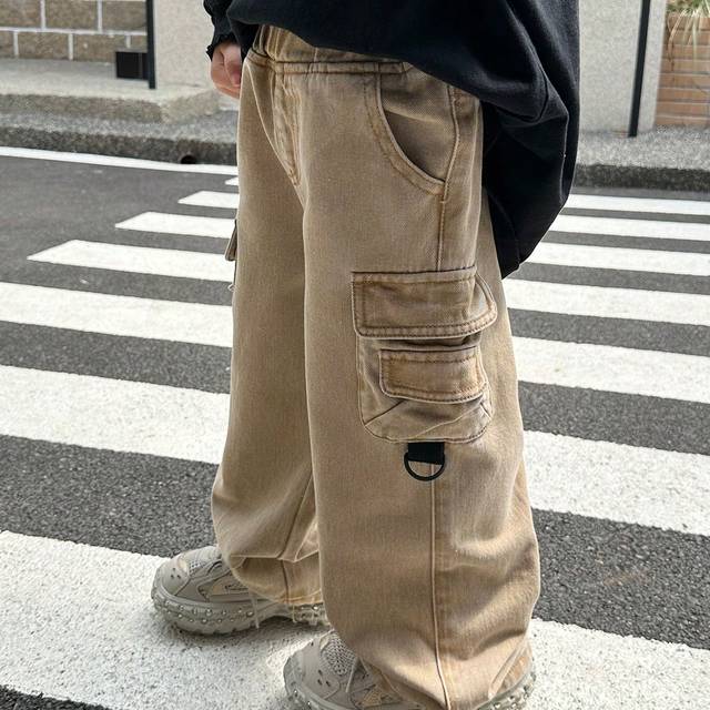 SHEIN SLAYR KIDS Young Boy Street Cool Khaki Cargo Pocket Baggy Denim Jeans,Casual And Versatile For Young Boys Fall Clothes