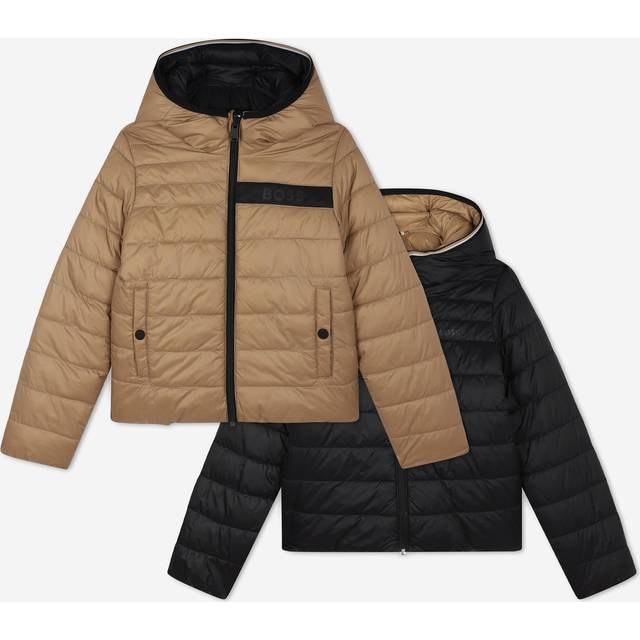 HUGO BOSS Kids' Reversible Down Puffer Jacket, Cookie/Black