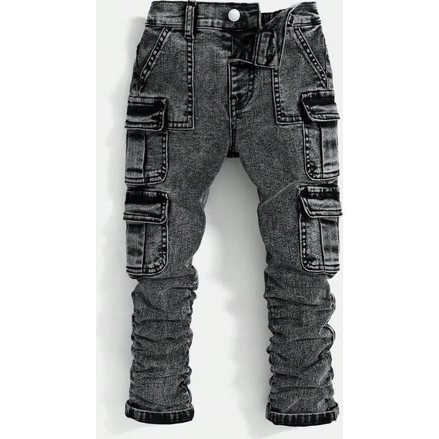 SHEIN Young Boys Street Cool Stonewashed Multiple Cargo Pocket High Elasticity Skinny Grey Denim Jeans ,For Young Boys School And Daily Fall Clothes