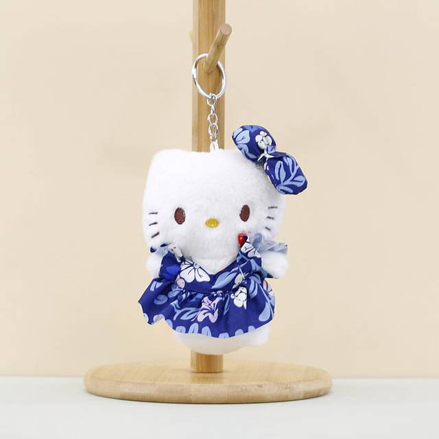 (Dark Blue) Yellow Lovely Kitty Plush Toy With Dress Adorable Keychain Bag Accessory