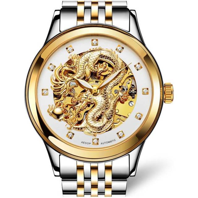 Luxury Men&#39;s Automatic Mechanical Gold Plated Case Stainless Steel Band Waterproof Skeleton Watch