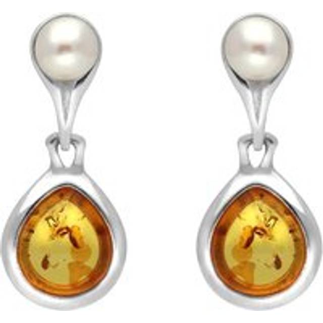 Sterling Silver Amber Pearl Drop Earrings - Silver