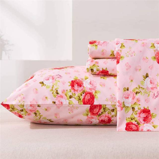 MEISHANg Sheet Set Twin Pink Floral Printed Sheets Ultra Soft 100% Microfiber- 16 Inch Deep Pocket comfortable Rose Pattern Printed Sheet Set - 3 Piec