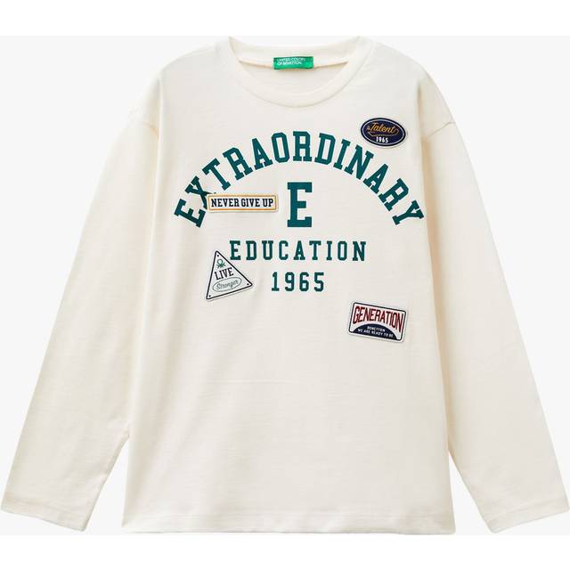 Benetton Girls White Cream Kids Graphic-print Long-sleeve Organic-cotton T-shirt 6-14 Years 13-14 - WHITE CREAM