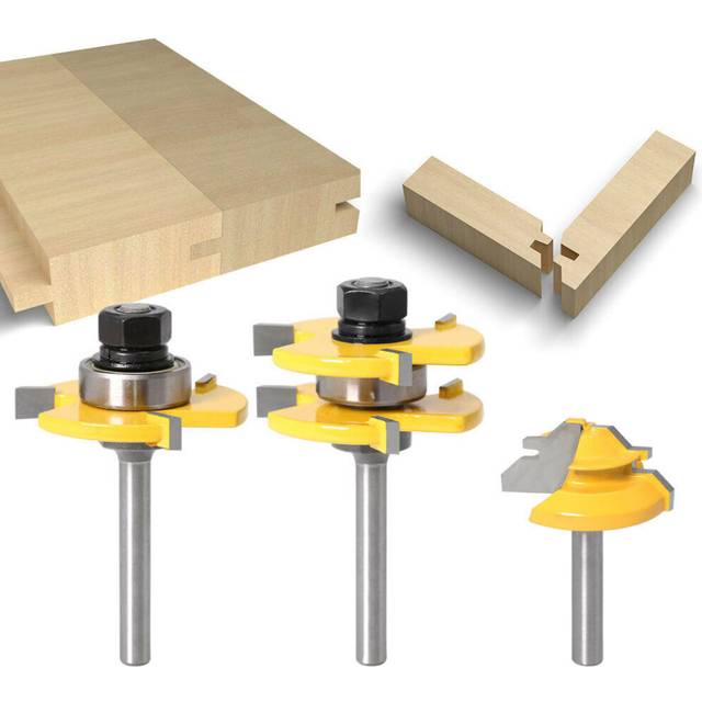 (6mm Shank) 3Pcs 6mm 1/4 Shank Tongue & Grooving Joint Router Bit 45 Degree Lock Miter Router Set Stock Wood Cutting