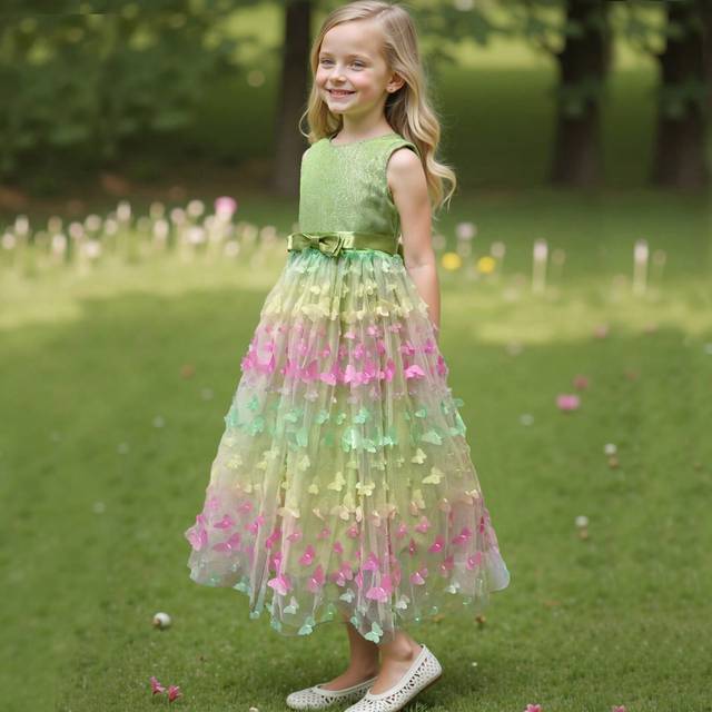 SHEIN Tween Girls&#39; Hollow-Out Colorful Butterfly Decor Dress, Princess Style Long Gown For Teen Flower Girl Wedding Party