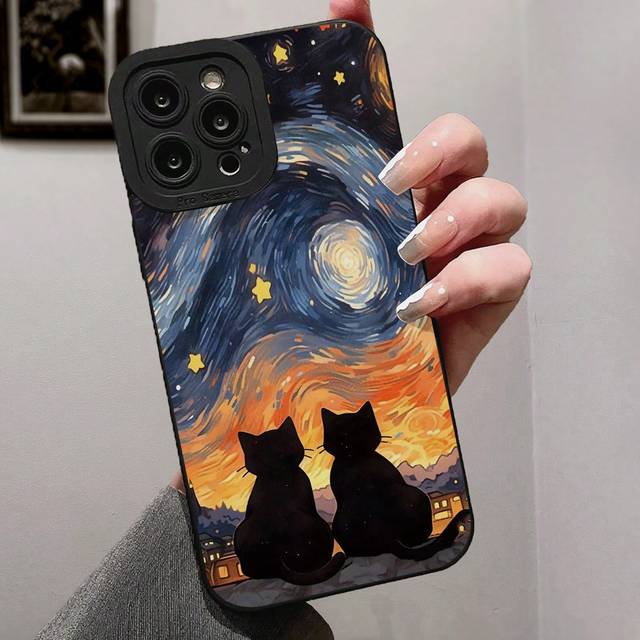 SHEIN Straight Edged Perforated Starry Sky Black Cat Painted Anti-Drop Phone Case Compatible With Iphone P14 ProMax 3D Cartoon P13, P11 Painted P12 Anti-Dro