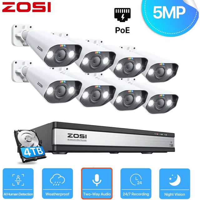 ZOSI 16CH 4K UHD POE CCTV System 5MP IP Camera 8MP NVR with 4TB HDD