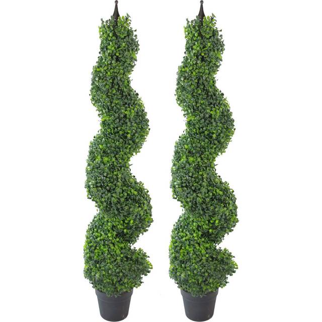 Leaf Pair Of 120Cm (4Ft) Tall Artificial Boxwood Tower Trees Topiary Spiral Metal Top, Green