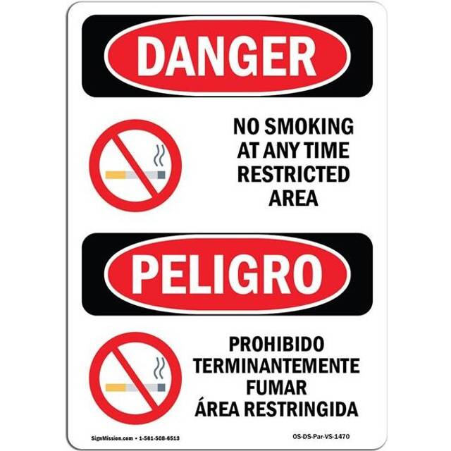 SignMission OS-DS-A-1014-VS-1470 10 x 14 in. OSHA Danger Sign - No Smoking Restricted Area Bilingual