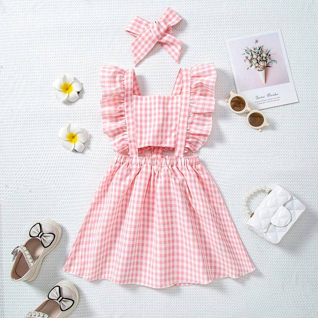 SHEIN Young Girl Children&#39;s Day Gingham Ruffle Strap Princess Dress, Suitable For Birthday Parties, Beach Vacations, And Summer