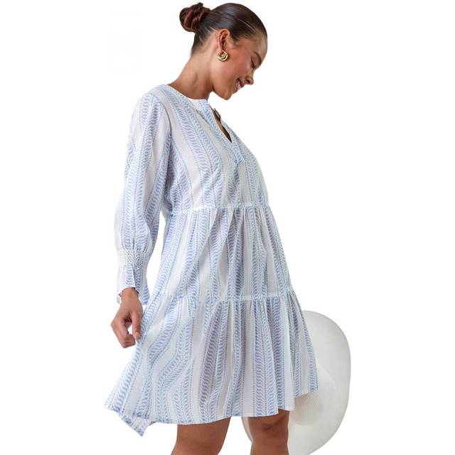 Roman Petite Womens Cotton Stripe Tiered Smock Dress - Blue - Size 14 UK
