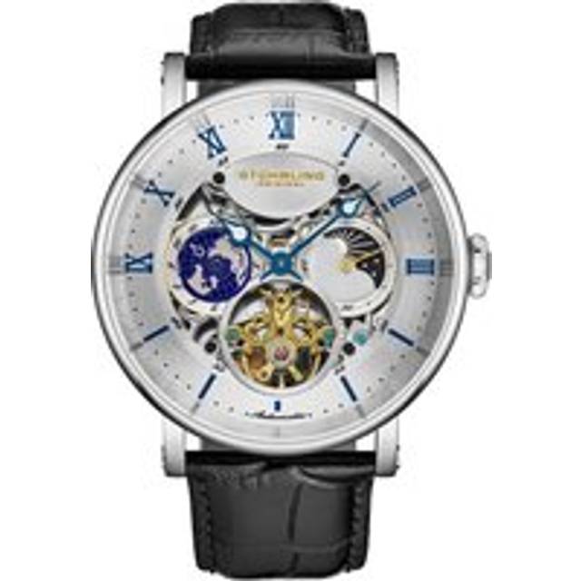 Dual Time Automatic Watch, 47mm Case, Skeleton Dial, Leather Strap, Sun/Moon AM/PM Indicator 5 ATM Water Resistant - Grey - One Size