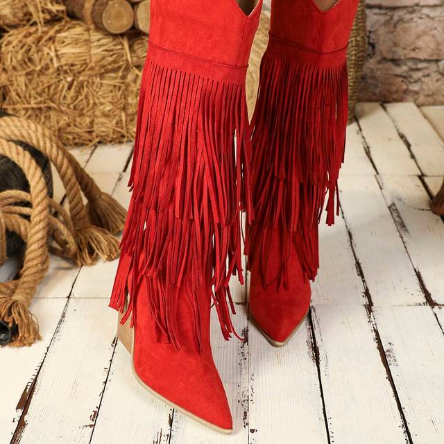 SHEIN Women Sexy Red Knee-High Geometric Faux Suede Chunky Heel Vacation Boots, Wooden Grain High Heel Pointed-Toe Comfortable Western Cowboy Boots