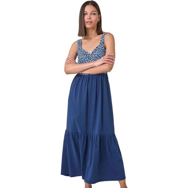 Roman Womens Abstract Cotton Tiered Midi Dress - Blue - Size 20 UK