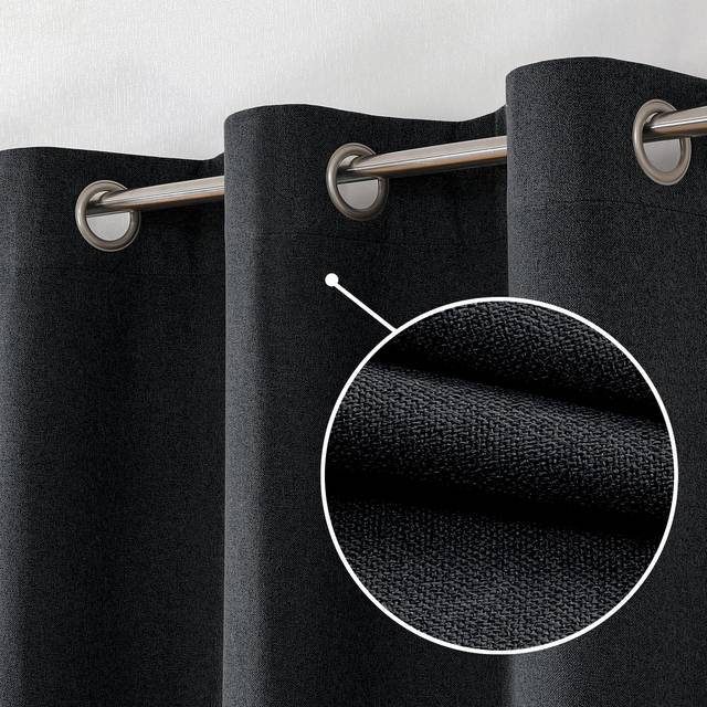 OVZME 100% Black Blackout Curtains 84 inch Length - 2 Panels Burg  Faux Linen Textured Full Room Darkening Curtains with Grommet  Energy Saving Therma