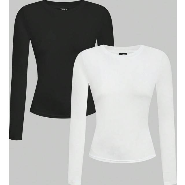 SHEIN Women 2pcs Black & White Casual Long Sleeve Fitted Long T-Shirt Set, Suitable For Autumn & Winter