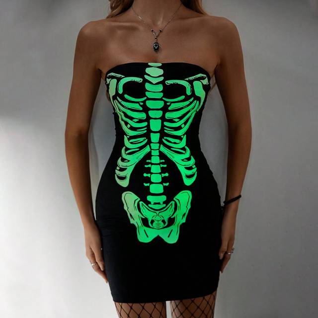 SHEIN Women Halloween Black Knit Skeleton Print Bandeau Mini Dress Casual Fashion Goth Black Solid Color Glow-In-The-Dark Print Skeleton Printed Mini Dress