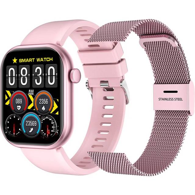 (Pink add steel) Smart Watch Women Bluetooth Call Blood Pressure Clock Body Temperature