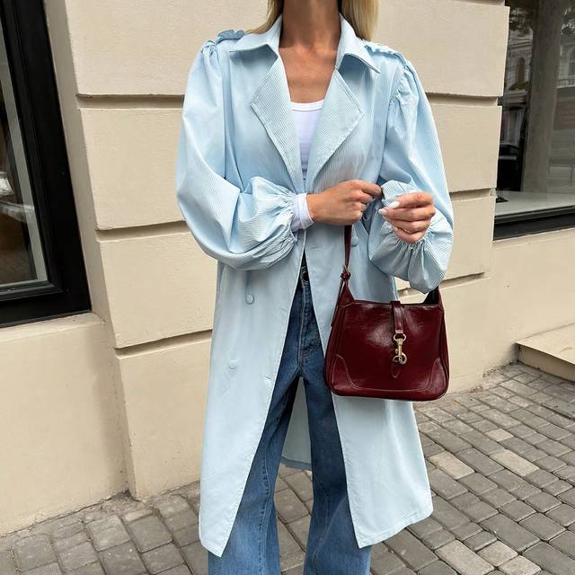 SHEIN 2024 Autumn New Street Fashion Special Fabric Lantern Sleeve Women&#39;s Trench Coat