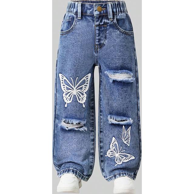 SHEIN Young Girl Distressed Funny Printed Loose Fit Denim Flare Jeans, Casual And Streetwear Style