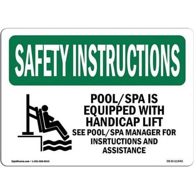 SignMission OS-SI-A-710-L-11445 7 x 10 in. OSHA Safety Instructions Sign - Pool Spa is Equipped with Handicap with Symbol