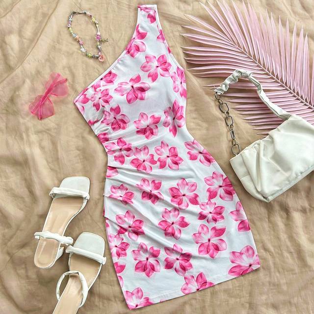 Soleia Women&#39;s White & Pink Floral Print Ruffled Shoulder Mini Dress, For Resort Wear, Can Be Worn As Inner Or Outer,Fall Women Clothes,  Concert/Thanksgivin