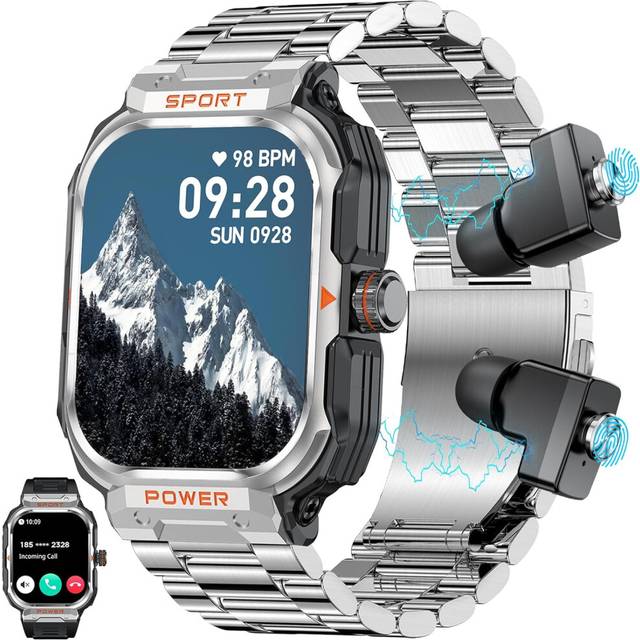 Chronus Military Smart Watch for Men with TWS Headset Bluetooth Call Outdoor Sports Fitness Activity Tracker Health Monitor Music Watch(Silver)