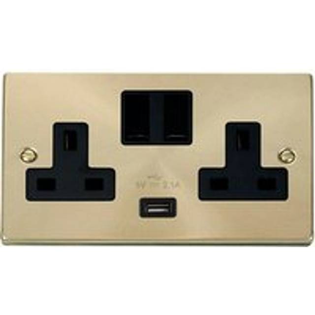 Se Home - Satin / Brushed Brass 2 Gang 13A 1 usb Twin Double Switched Plug Socket - Black Trim