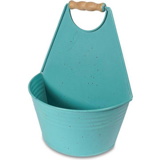 Vintage Metal Wall Planter with Handle - Weatherproof Colourful Home or Garden Flower Plant Pot - H26 x W21 x D11cm - Olive - One Size