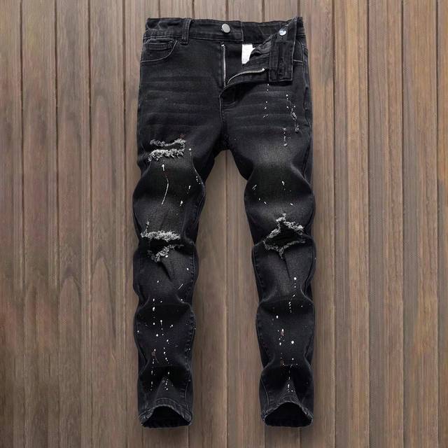 SHEIN Tween Boys&#39; Black Ripped Paint Splatter Elastic Jeans